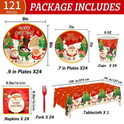 121pcs Christmas Party Plates and Napkins Table Decorations,Christmas Dinnerware Set Serves 24, Christmas Party Supplies for Kids and Adults