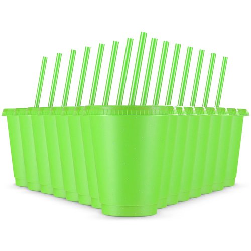 Rtteri 15 Pcs Reusable Kids Cups with Straws and Lids 16 oz Glitter Kids Tumblers Plastic Party Favor Cups with Lids Travel Mug Cup for Smoothie Coffee Iced Beverage Water Parties Birthdays (Green)