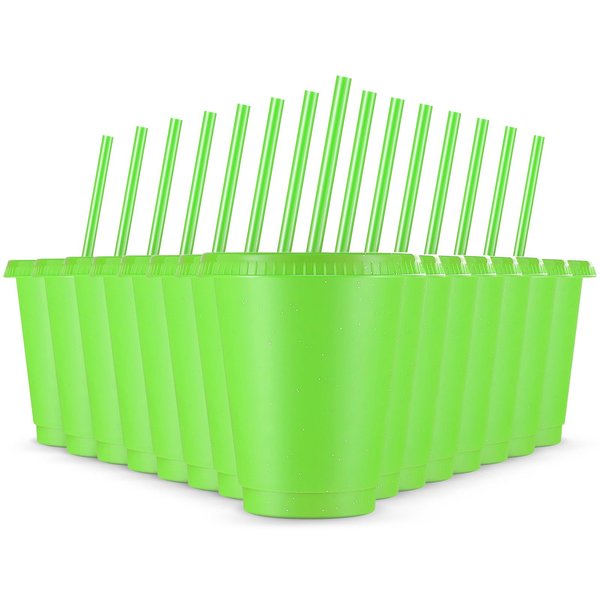 Rtteri 15 Pcs Reusable Kids Cups with Straws and Lids 16 oz Glitter Kids Tumblers Plastic Party Favor Cups with Lids Travel Mug Cup for Smoothie Coffee Iced Beverage Water Parties Birthdays (Green)