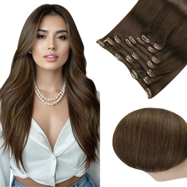 Full Shine Clip in Hair Extensions Real Human Hair Brown Remy Hair Extensions Clip ins Brown Human Hair Extensions Natural Brazilian Straight Hair Extensions 20 inch 7Pcs 120g