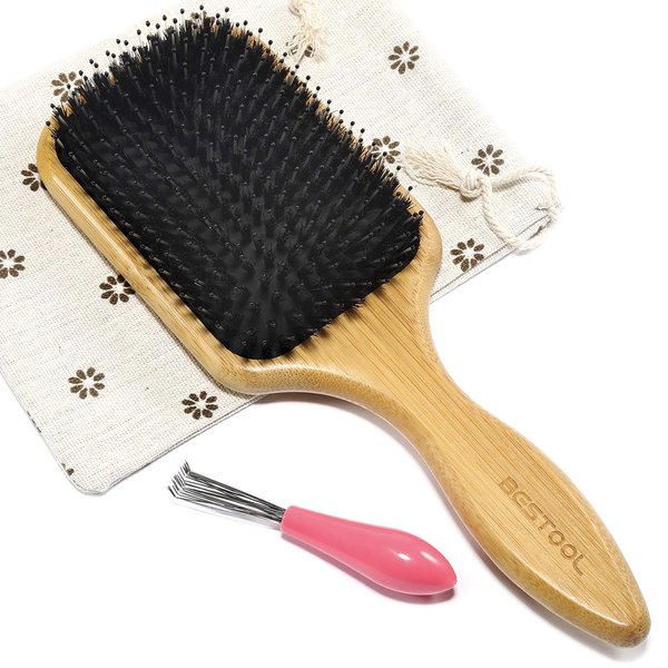 BESTOOL Hair Brush, Boar & Nylon Bristle Brush for All (Women, Men, Kids) Wet/Dry Hair, Massaging Detangling, Enhance Shine & Health (Square, Black)
