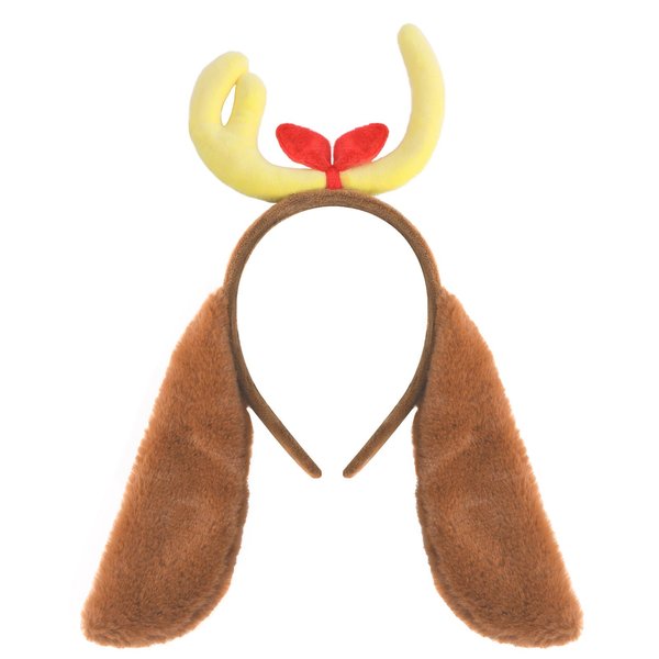 PLUSMAYI Antler Horn Headband with Plush Dog Ears Reindeer Headpiece Costume Accessories Christmas Halloween Party Cartoon Dog Cosplay Yellow