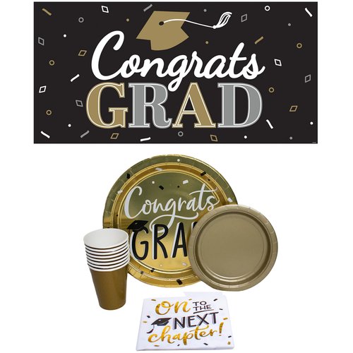 Congrats Grad Adventure Pack! Disposable Paper Plates, Banner, Napkins and Cups Set for 16