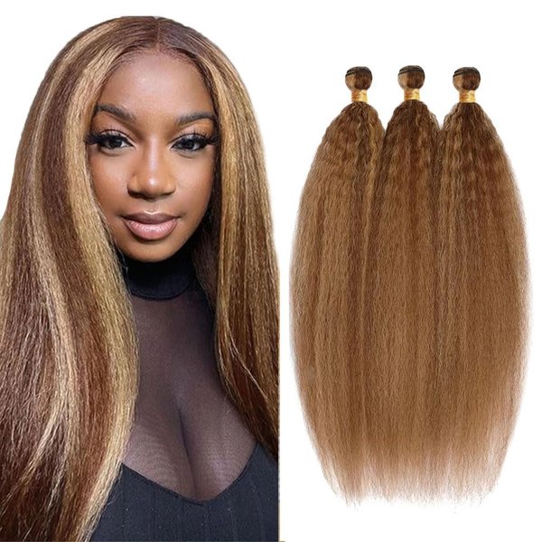 28 30 32 Inch Highlight Bundles Human Hair P4/27 Yaki Straight Bundles Honey Blonde Kinky Straight 3 Bundles 8A Brazilian Virgin Human Hair Honey Blonde Kinky Straight Bundles Human Hair Extensions