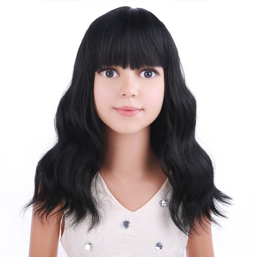 PATTNIUM Black Wig Kids Child Wig Shoulder Length Wig Black Wavy Wig with Bangs Shoulder Length Black Wig Heat Resistant Synthetic Girls Wig Daily Wear Wig (Black)