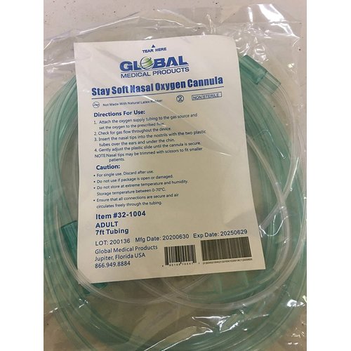 Global Stay Soft Adult Nasal Cannula with 7ft Soft Green, Universal Connector, Kink Resistant, Lightweight Tubing (5 Pack)