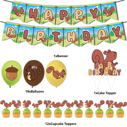 Squirrel Birthday Party Supplies Woodland Animals Party Decorations Include HAPPY BIRTHDAY Banner Balloons Cake Topper Cupcake Toppers Cartoon Zoo Animals Birthday Party Decorations