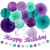 Teal-purple Lavender Girl Mermaid-birthday Party-decorations - 21pcs Happy Banner,Under The Sea Ocean Paper Lanterns Honeycomb Streamers,Tissue Pom Poms Flower Fan,Classroom Hanging Decor Huglony
