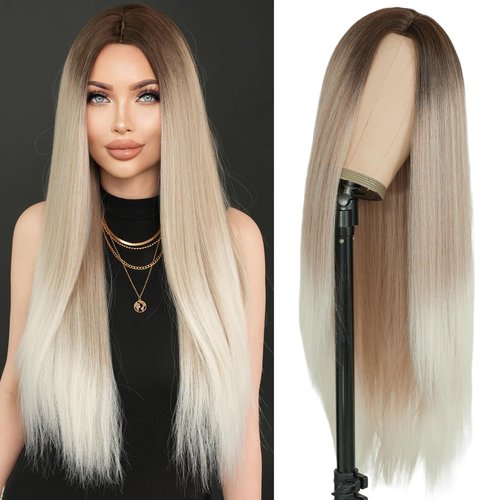 7JHH Wigs 32in Long Silver Grey Ombre Wigs Natural Heat Resistant Fiber Synthetic Layered Straight Grey White Ombre Wigs with Dark Roots Women Wigs for Holiday Festival Chrismas Daily Party Daily Used