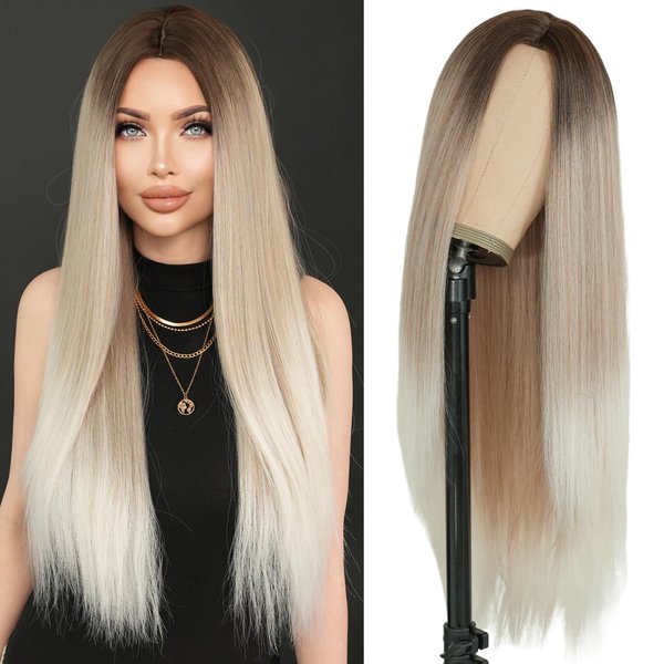 7JHH Wigs 32in Long Silver Grey Ombre Wigs Natural Heat Resistant Fiber Synthetic Layered Straight Grey White Ombre Wigs with Dark Roots Women Wigs for Holiday Festival Chrismas Daily Party Daily Used