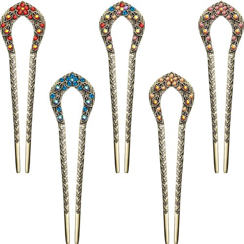 Waydress 5 Pcs Vintage Hair Fork French Hair Pin for Buns Metal Chignon Pin Hair Chopsticks Crystal Rhinestone Double Prong Hairpin Stick U Shaped Hair Bun Accessories for Women(Elegant Pattern)