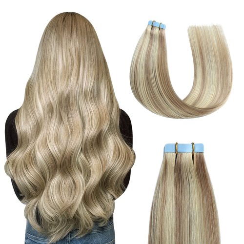 Sunya Tape in Hair Extensions Human Hair Ash Blonde Highlighted Bleach Blonde 14 Inch Straight Tape in Real Human Hair Seamless Skin Weft Tape in Hair Extensions #P18/613 40g 20Pcs/Pack