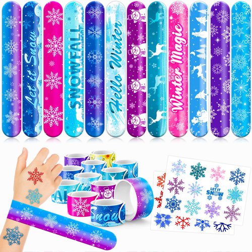 48 Snowflake 24PCS Snowflake Temporary Tattoos Sticker 24PCS Slap Bracelets Perfect for Themed Birthday Party Favors Baby Showers or Classroom Rewards Ideal Decor and Gifts for Girls and Boys