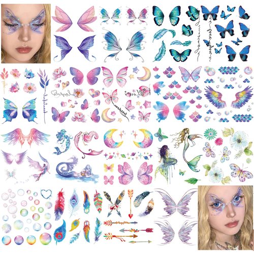 18 Sheets Glitter Temporary Tattoos for Women, Rosymormor Fairy Butterfly Flower Fake Tattoos for Party Favors, Face Glitter Stickers Makeup Rave Accessories Festival Essentials Halloween Christmas