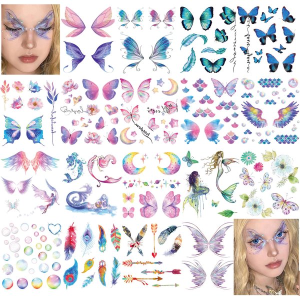 18 Sheets Glitter Temporary Tattoos for Women, Rosymormor Fairy Butterfly Flower Fake Tattoos for Party Favors, Face Glitter Stickers Makeup Rave Accessories Festival Essentials Halloween Christmas