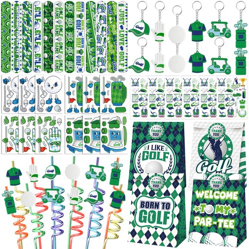 Erweicet Golf Party Favor 72 PCS Golf Theme Slap Bracelet DIY Stickers Temopory Tattoos Keychains Plastic Straws Gift Bags for Golf Birthday Party Sports Event Goodies Bags Filler