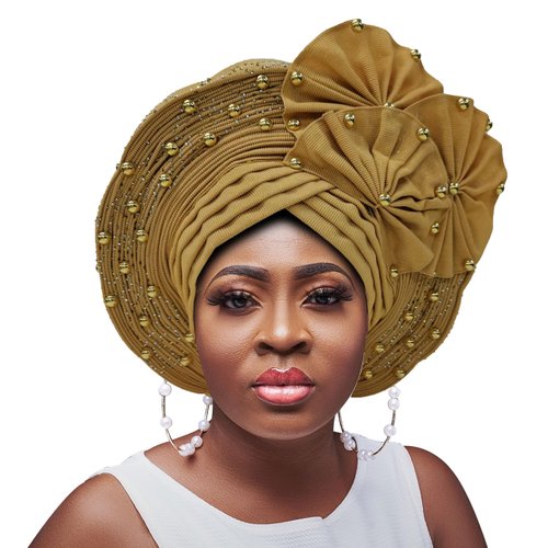 Nigerian Gele Headties with Beads and Stones African Headtie Women Head Wrap Already Made For Party (Gold)