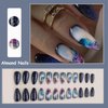 MISUD Press on Nails Medium Almond Fake Nails Glossy Glue on Nails Dark Blue Ombre Acrylic Nails Stiletto Marble Artificial Nails Bling Glitter Stick on False Nails with Design 24 pcs