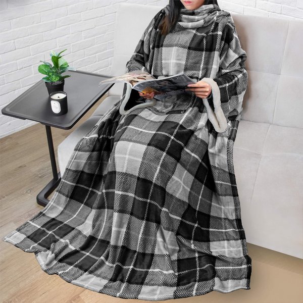 PAVILIA Fleece Blanket with Sleeves for Women Men Adults, Wearable Blanket Warm Soft Plush, Hug Sleep Pod Snuggle Pocket Sleeved TV Throw Wrap, Cozy White Elephant Gifts Ideas for Mom Wife, Plaid Gray