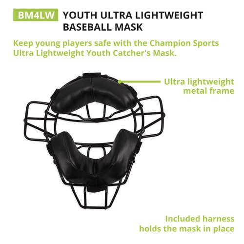 Champion Sports Lightweight Youth Catchers Mask - Full Face Protection - Comfortable Fit - Metal Frame - Helmet Harness - Ideal Catchers Mask for Young Catchers,Black