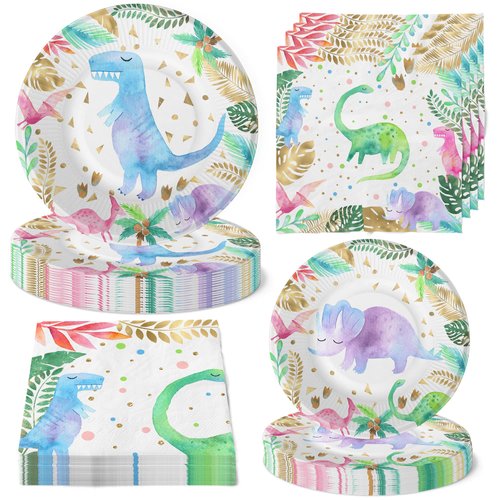 Girls Dinosaur Party Plates and Napkins - Pink Dinosaur Birthday Party Supplies (Serves 20)
