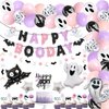 Pink Purple Halloween Birthday Party Pack Happy Boo Day Banner Cake Topper Halloween Ghost Bat Balloons for Girls' Pink and Purle Halloween Birthday Decorations