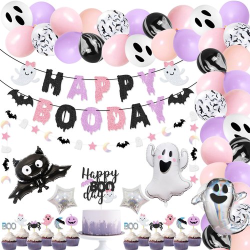 Pink Purple Halloween Birthday Party Pack Happy Boo Day Banner Cake Topper Halloween Ghost Bat Balloons for Girls' Pink and Purle Halloween Birthday Decorations