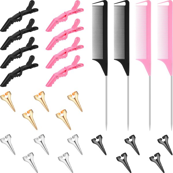 Patelai HAIR CLIP 27 Pieces, Includes Hair Parting Rings, Metal Combs, and Hair Clips in Pink and Black, Hair Styling Tools for Braiding, Curling, and Installation, 1 Count