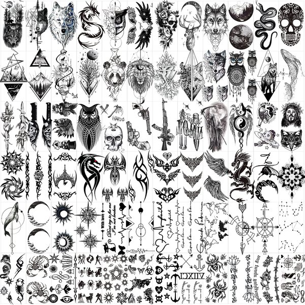 Hotoyannia 72 Sheets Halloween Tiny Temporary Tattoos Stickers, Fake Tattoos That Look Real And Last Long, Halloween Tattoos Include Black Scary Wolf Lion Tiger Skeleton Skull Tattoos