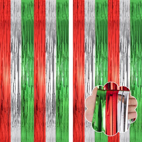 YUKL Red Green Silver Christmas Backdrop Curtains 2Pack Christmas Decorations Fringe Curtains Tinsel Backdrop Streamers Party Decorations for Christmas Party Decorations Indoor Outdoor Party Supplies