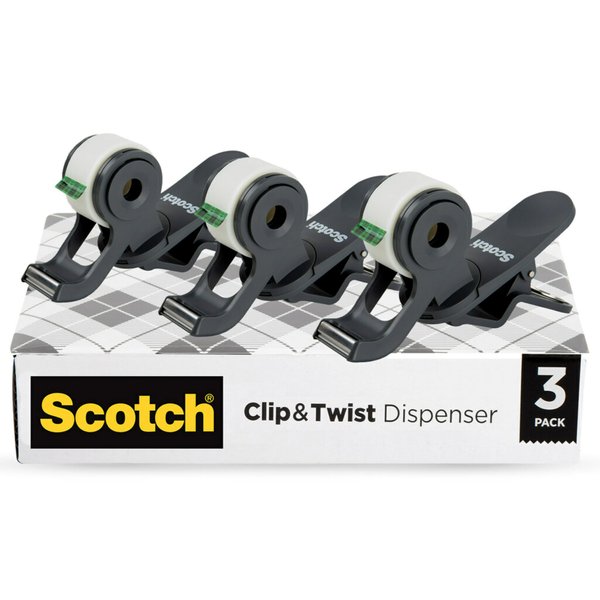 Scotch Brand Clip & Twist Tape Dispenser, Great for Gift Wrapping, Clips to Desks, Tables, Easy Charcoal Gray, 3-Pack (C19-3PK-SIOC)