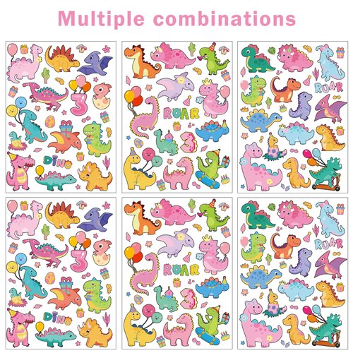 Three Rex Dinosaur Temporary Tattoos - 6 Sheets 180 Pcs Pink 3rd Birthday Decorations Cute Cartoon T-rex Tattoo Stickers for Girls 3 Year Old Dino Party Favors Decor Supplies