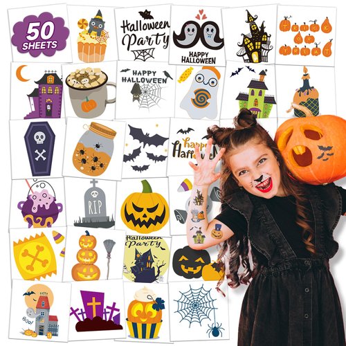 EMOME 50 Sheets Halloween Tattoos for Kids, Individual Wrapped Kids Temporary Tattoos for Boys Girls, Halloween Party Supplies Favors Decorations Fake Tattoos Stickers Treats for kids