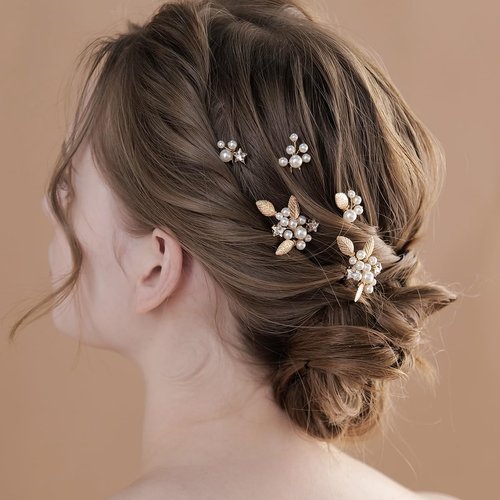 Pearl Wedding Hair Pins, Star Shape Design Wedding Hair Accessories for Bridesmaids Party Piece Women and Girls Gold