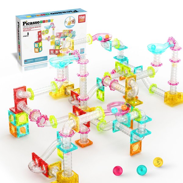 PicassoTiles 100 Piece Magnetic Marble Run Travel Size Sensory Toddlers Construction Toy Set Mini Diamond Magnet Tiles Marbles for Kids Race Track Building Blocks STEM Learning Kit Boy Girl 3+ PTMG100