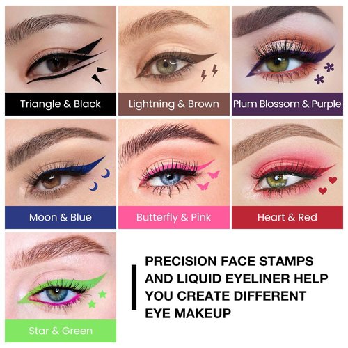 evpct 7Pcs Colored Winged Eyeliners Face Stamp Set, Black Brown Purple Blue Red Pink Green Stamps Eyeliner, Star Flowers Heart Moon Triangle Lightning Butterfly Colorful Eye Liners Stamp Makeup Kit 01