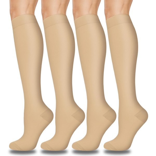 Aoliks Beige Compression Socks for Women & Men,Knee High Support Socks for Athletic Hiking Flight