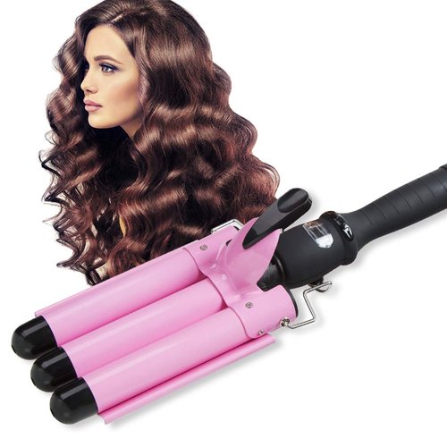 3 Barrel Curling Iron Wand with LCD Temperature Display - 1 Inch Professional Salon Ceramic Triple Barrels Curling Iron (Pink)