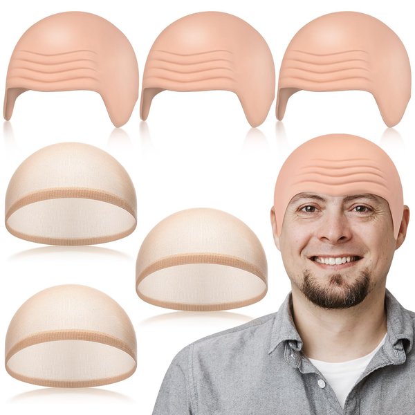 Wavwavw 3 Set Bald Caps Makeup Latex Bald Head Wig Cap Bald Hat Cosplay Makeup Costume Accessories for Women Men, Pink and Beige