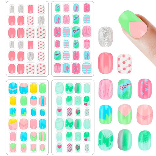 96 Pcs Fake Nail Press on Nails for Girls, Lovely False Nail Tips Pre-glue Full Cover Short Acrylic Gradient Color Nails for Girls Kids Nail Art Decoration(Pink&Green Theme)