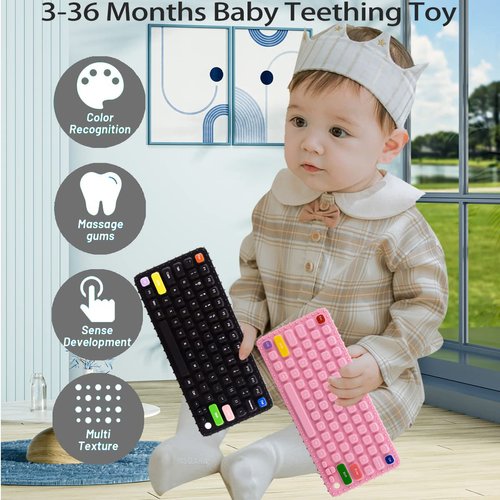 Whisary Keyboard Shape Teething Toys，Silicone Baby Teether Toys with Pacifier Clip for Babies 0-3 Months 3-6 Months,Baby Chew Toys Sensory Toys for Babies 6-36 Months(Pink)