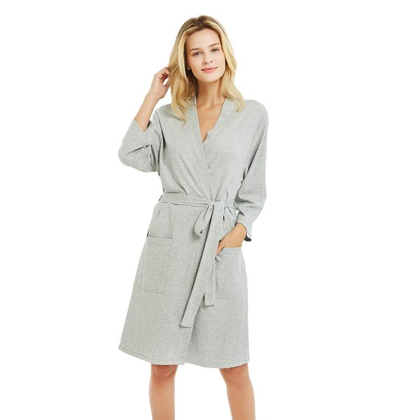 U2SKIIN Womens Robes, 100% Cotton Lightweight Robes 3/4 Sleeves Kimono Knit Soft Loungewear Short Bathrobe(Grey,M)