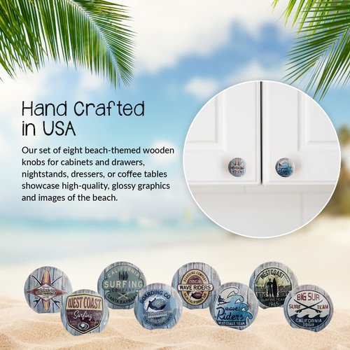 Beach Cabinet Knobs - Set of 8 Wooden Cabinet Knob Small Cabinet Drawer Knobs - Surf Shop Design - 1.5 x 1.5 Inches