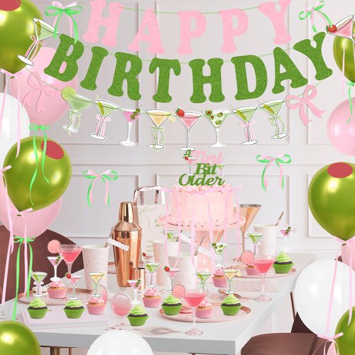 Martini Bow Birthday Party Decorations, Green Pink Glitter Happy Birthday Banner Garland Cake Topper Balloons for Girls Women Trendy Martini Bar Birthday Bachelorette Bridal Shower Party Supplies