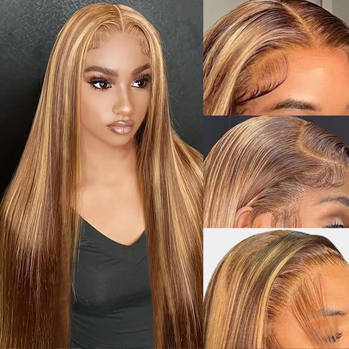 Highlight Ombre Lace Front Wig Human Hair 28Inch Honey Blonde Lace Front Wigs Human Hair 13x6 HD Lace Front Wig Human Hair 180% Density 4/27 Colored Straight Human Hair Pre Plucked with Baby Hair