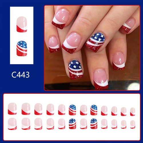 Tyuimhx 4th of July Press on Nails Short Square Independence Day Fake Nails Red White French Tip False Nails With Star Glitter Designs Acrylic Stick on Nails Patriotic Nails for Women 24Pcs