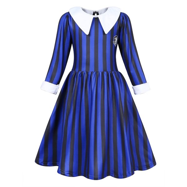 Sukyfecde Princess Costume Girls Kids Nevermore Academy School Dress Up Gothic Style Classic Striped Dresses Cosplay Outfits Size 12 (11-12 Years, Blue)
