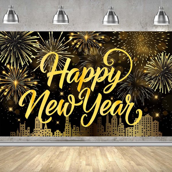 Happy New Year Banner Gold Firework Happy New Year Decorations New Years Backdrop for 2025 Party Decorations New Years Eve Banner for New Years Party Supplies