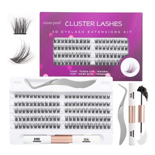 Individual Lashes 120 Cluster Lashes DIY Eyelash Extension Thin Band Wide Stem Lash Clusters with Applicator and Lash Bond and Seal Lash Extension Kit Mix 10-16mm Length C/D Curl - OP06