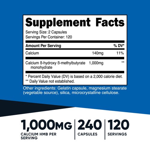 Nutricost HMB (Beta-Hydroxy Beta-Methylbutyrate) 1000mg (240 Capsules) - 500mg Per Capsule, 120 Servings - Gluten Free and Non-GMO